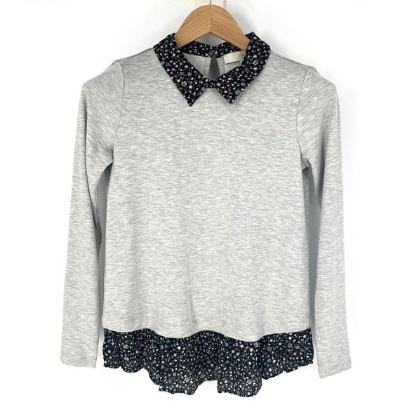 LOFT Tops - LOFT Long Sleeve Top Floral‎ Collar & Ruffle Hem Womens Petite Size XXS Gray NWT